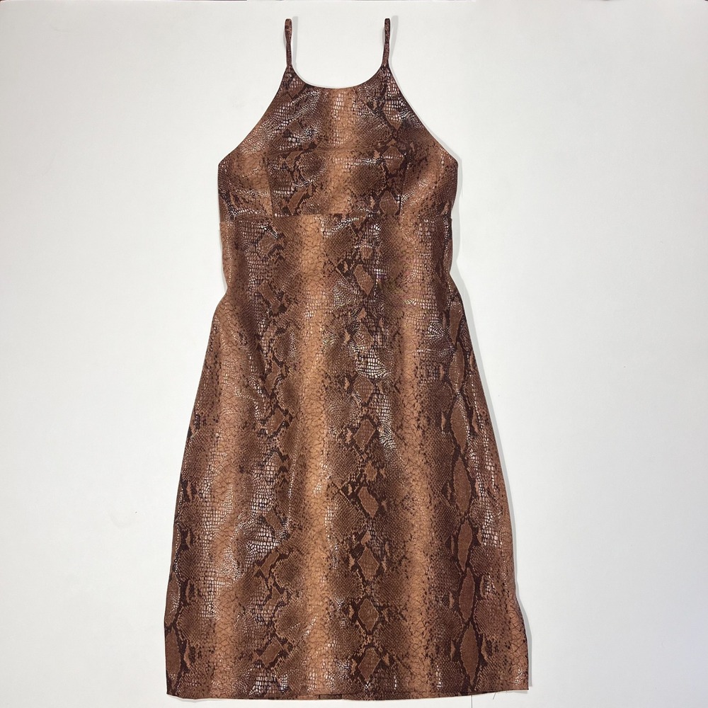 Vintage Rampage Snakeskin Bodycon Midi Dress Lace Up Back Brown Y2K 90s